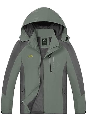 TEZO Mens Rain Jacket Waterproof with Hooded Hiking Coat Lightweight Windbreaker(AG/GY L)