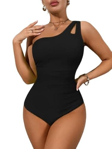 2025 Single Shoulder Openwork One-piece Swimsuit for Women Black Nylon Slimming Swimwear (US, Alpha, Medium, Regular, Regular, Black)