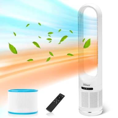 Hiluce 3-in-1 Bladeless Fan with Air Purifier,Powerful Fan and Heater Combo HEPA Filter 99.97%,Quiet Tower Fans with Remote,Tip-Over Switch,80°Oscillating, 8 Speeds, 9H Timer for Bedroom, Office