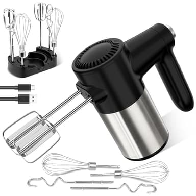 Cordless Electric Hand Mixer, 7 Speed Rechargeable Wireless Handheld Mixer with Eject Button, Long Battery, Quiet Anti-Splash, 6×304 Stainless Steel Attachments & Storage Base for Baking (Black)