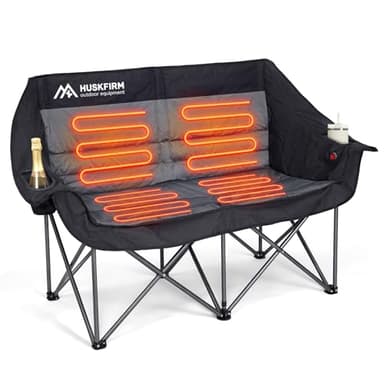 Huskfirm Heated Double Camping Chair, Heated Camping Chair with 3 Adjustable Temperatures and 4 Heating Zones,Portable Heated Chairs Outdoor Sports Support 650lbs（Battery Not Included）