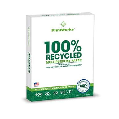 PrintWorks 100% Recycled Printer Paper 8.5" x 11" White - 20 lb Copy & Multipurpose Computer Paper - 1 Pack, 400 Sheets - Made in the USA - 92 Bright - Printer & Copier Compatible (00018)