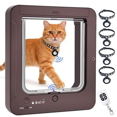 Smart Cat Door with 4 Collar Sensor Key, RFID Cat Door Collar Activated with Remote Control, 4 Way Locking Cat Flap Automatic Pet Door Interior & Exterior(Brown)