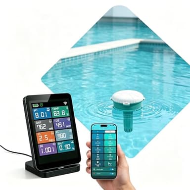Smart Pool Water Quality Monitor, 24/7 Automatic Tester, 8-in-1 Digital pH/Chlorine/ORP/Temp/TDS/Salinity/EC/SG Detector with App Control & Custom Alerts for Pools, Hot Tubs, Spas, Aquariums, Ponds