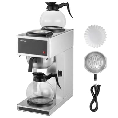 VEVOR Commercial Drip Coffee Maker, 12 Cups Coffee-Maker Machine with 2 Glass Carafes and 2 Decanter Warmer Plates, Stainless Steel Drip Style Coffee Brewer, for Restaurant, Office, Coffee Shop & Home