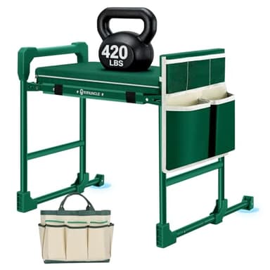 Garden Kneeler and Seat for Seniors: Heavy Duty 420 LBS Support Anti-Tip Multifunctional Gardening Stool Bench with Widened Thick Soft Kneeling Pad & Tool Bag - Foldable for Gardeners