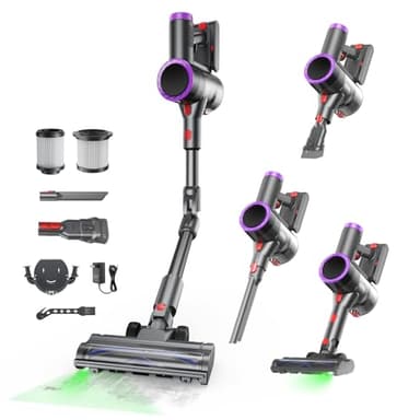 Prasky Cordless Vacuum Cleaner, Stick Vacuum Rechargeable, 550W 45KPA Powerful Suction Lightweight Vacuum Cleaners for Home, Anti-Tangle, Self Standing for Pet Hair Hardwood Floor Carpet - Purple