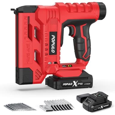 POPULO 20V Nail Gun Battery Powered, 18 Gauge 2-In-1 Cordless Brad Nailer Stapler Includes a 2.0Ah Battery, Charger, 1600 Staples and Nails, Electric Staple Gun for Carpentry and Upholstery