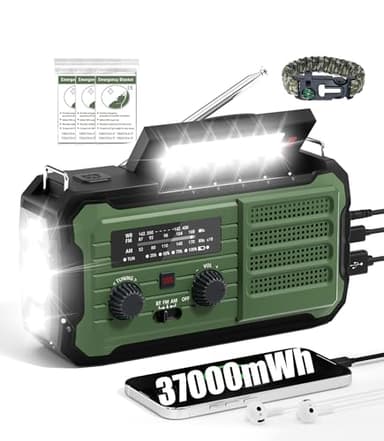 Emergency Radio Hand Crank Solar, 10000mAh/37000mWh Emergency Weather Radio, Hand Crank Solar Radios with NOAA/AM/FM, Thermal Blanket, Survival Bracelet, for Home & Outdoor