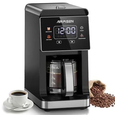 AIRMSEN Grind & Brew Coffee Maker with Built-in Grinder, Programmable Single Serve Coffee Maker - 5 Cup Capacity, 3 Grind Settings, Auto Keep Warm & Glass Carafe for Small Home and Office