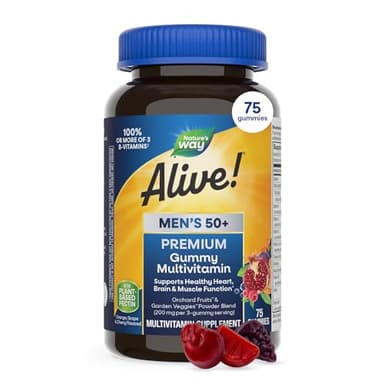 Nature’s Way Alive! Men’s 50 Plus Premium Gummy Multivitamin, Supports Healthy Heart, Brain & Muscle Function with High Potency B-Vitamins, Vitamin A, C, D3, & Selenium*, Fruit Flavored, 75 Gummies