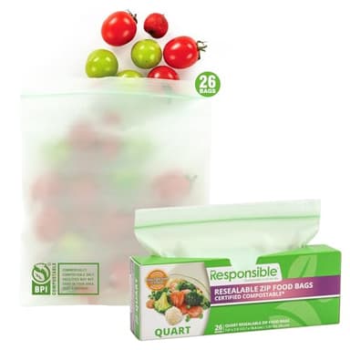 Responsible Products Certified Compostable QUART Resealable Zip Bag, Extra Strength Food Bags, Plant-Based Freezer-Safe (26 Pack)