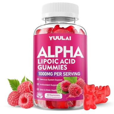 YUULAI Alpha Lipoic Acid Gummies 1000MG with Biotin, High Absorption Chewable ALA Supplement for Antioxidant, Brain Health and Nerve Support, Raspberry Flavor, 60 Count