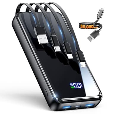 Portable Charger,50000mAh Power Bank Built-in Cable, 22.5W PD USB C In & Out Fast Charging, External Battery Pack with 6 Output & 2 Input, Travel Phone Charger for iPhone 17/16/15/14/13/12(Black)