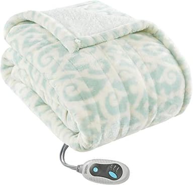 Beautyrest Wearable Electric Poncho Wrap Blanket, Ultra Soft Sherpa & Berber Fleece Heated Throw, Low EMF, UL Certified, 3 Heat Settings & 2hr Auto Shutoff, Gift-Ready, 50" x 64", Dusty Blue Lattice