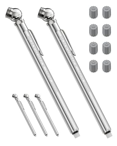Pencil Tire Pressure Gauge 2 Pack with Valve Caps, Stainless Steel Body Tire Gauges for Tire Pressure with Deflator Valve, Metal Nozzle Tire Gauge for Cars, Pickups, RVs, Bicycles
