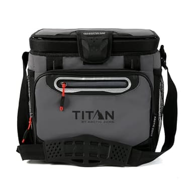 Titan by Arctic Zone Zipperless Soft Sided Cooler with HardBody Liner and SmartShelf, Insulated Bag with Shoulder Strap for Lunch and Travel, 16 Can Capacity, Sharkskin Gray