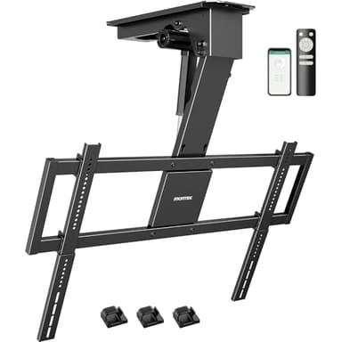 monTEK Motorized Ceiling TV Mount for 32-75 Inch TVs up to 121lbs, Heavy-Duty Electric Flip Down Ceiling Mount, Off-Center TV Compatible, Remote/App/Voice Control, Fits Flat & Pitched Roof