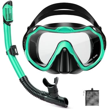 PIYAZI Snorkeling Gear for Adults, Adult Snorkel Set with Panoramic Anti-Leak and Anti-Fog Tempered Glass Snorkel Mask, Dry Top Snorkel, Snorkle Mask Set Adult with Mesh Bag Ear Plug for Snorkeling