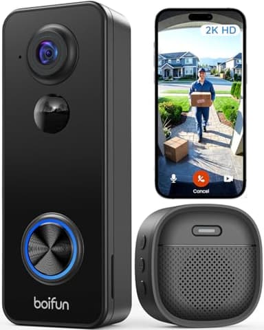 BOIFUN Video Doorbell Camera Wireless, 180° Wide View, 2K HD, No Subscription, AI Human Detection, Head-to-Toe, HDR Night Vision, Two-Way Audio, Battery Powered with Chime, 2.4 GHz Wi-Fi Only