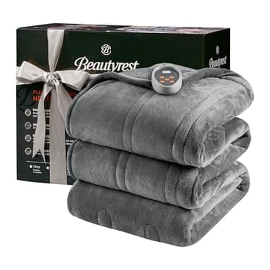 Beautyrest Heated Blanket, Electric Blanket, Soft, Warm, Reversible Plush - Sherpa Heating Blanket with 20 Heat Settings, 1-10 hrs Timer Auto Shut Off, Machine Washable, Twin (84 inx62 in), Grey
