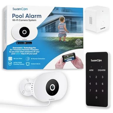 SwamCam Pool Alarm Wi-Fi Camera System – ASTM F2208 Certified – Smart Pool Safety for In-ground & Above-Ground Pools – Real-Time Alerts & Live View, Without Wi-Fi Repeater