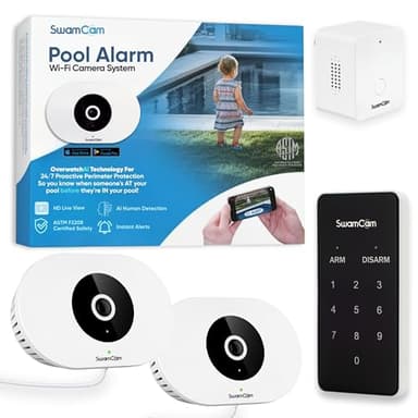 SwamCam Pool Alarm Dual Wi-Fi Camera System for Larger Pools – ASTM F2208 Certified – Smart Pool Safety for In-ground & Above-Ground Pools – Real-Time Alerts & Live View, with Wi-Fi Repeater