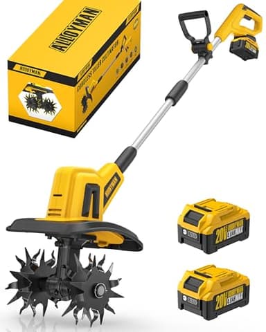 Alloyman 20V Cordless Tiller Cultivator, 360RPM Electric Garden Tiller, with 2 * 4.0Ah Batteries & Charger, 9In Tilling Width and 6.6In Depth Garden Rototiller for Lawn/Gardening/Soil Cultivation