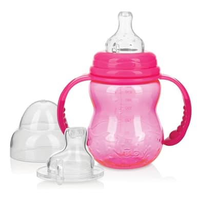 Nuby 3 in 1 Baby Bottle to Training Sippy Cup - 8 Oz Toddler Cups Spill Proof with Soft Spout, Nipple & Removable Grip Handles - Dishwasher Safe (Pink)