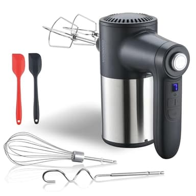 7-Speed Cordless Hand Mixer - Digital Display Rechargeable Electric Mixer Handheld with 6 Stainless Steel Accessories,Whisks Beaters Dough Hooks（Black）