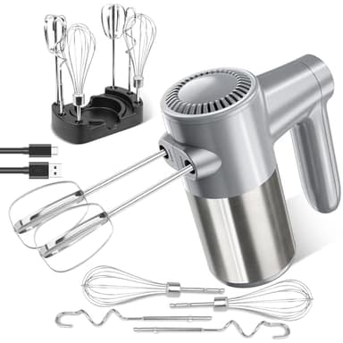 Cordless Electric Hand Mixer, 7 Speed Rechargeable Wireless Handheld Mixer with Eject Button, Long Battery, Quiet Anti-Splash, 6×304 Stainless Steel Attachments & Storage Base for Baking (Silver)