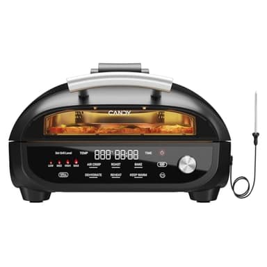 Candy Indoor Grill & Air Fryer with Ceramic Accessories, 500°F Max, 7-IN-1 Digital Display, 5.2 QT Electric Low Smoke with View Window, Smart Thermometer, Crisp, Roast & Dehydrate, Easy Clean, 1500W