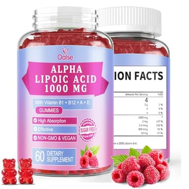 OALSE Alpha Lipoic Acid Gummies 1000Mg with Vitamin B1, B12, A, E - High Absorption Sugar Free Chewable ALA Supplement for Energy and Nerve* Support,Raspberry Flavor, 60 Gummies