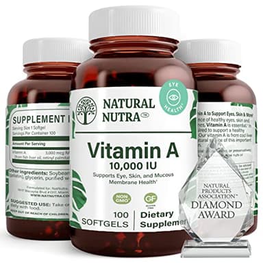 Natural Nutra Vitamin A 10,000 IU Softgels – High Potency Eye and Skin Vitamins – Gluten-Free Vitamin A Supplement for Sight & Skin Health – Fish Liver Oil for Men and Women, Gluten Free 100 Softgels