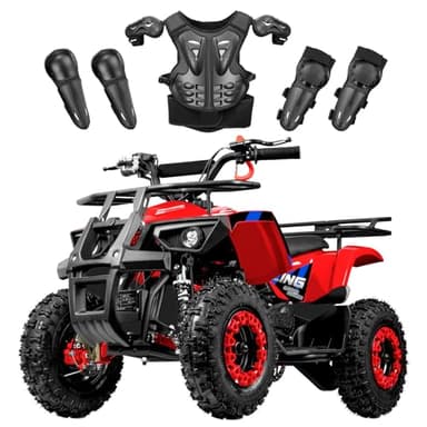 Gas Four Wheeler for Kids 49cc Kids 4 Wheeler Gas Powered ATV with Speed Limiter Hydraulic Disc Brakes 15 MPH, Red ATV, Blue Sticker