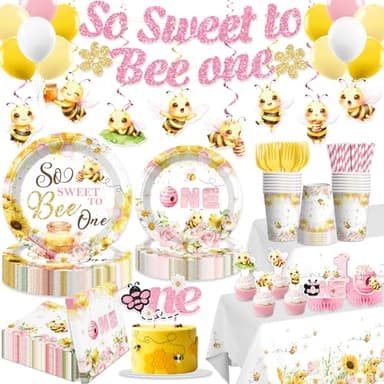 wellspar First Bee Day Decorations Girl, Worry-free One-stop Set for 25 Guests, with Bee Party Banner Balloons Thick Plates and Cake Toppers, Easy Assembly 1st Bee Birthday Girl Decorations