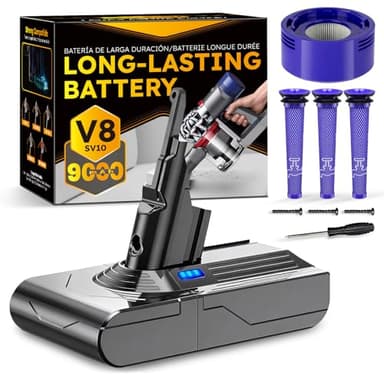 CELLPOW Upgraded 9000mAh V8/SV10 Battery Replacement Compatible with Dyson V8 Animal/Absolute/Motorhead/Fluffy Series Cordless Vacuum Cleaner with 4 Filters (3 Pre + 1 Post).