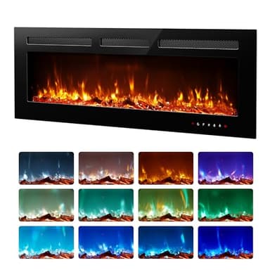EUHOMY 50 Inch Electric Fireplace Recessed Wall Mounted with Remote Control, Fireplace Heater with Adjustable Flame Color, Linear Fireplace with Timer, Log & Crystal, 750/1500W (2026 Upgrade)