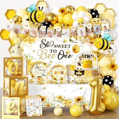 Fexivo 273 PCS First Bee Day Decorations Girl, All-in-One Bee 1st Birthday Party Decorations Set with Balloon Arch, Plates, Cups, Napkins, Tablecloth, Banner & Backdrop, Serves 25