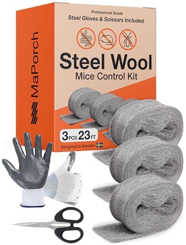 MaPorch 3-Roll Steel Wool Mice Control Kit - Unchewable Gap Filler for Doors, Pipes, Weep Holes and Baseboards - 2.5 in x 7.5 ft - Grade 4 Thick Excluder Mesh for Rodents with Gloves and Scissors