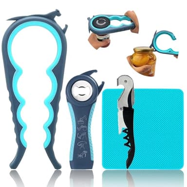 Otstar Jar Opener & Bottle Opener Set for Weak Hands - Multi-Function Kitchen Opener Tool for Seniors with Arthritis, Elderly - Includes Jar Lid Gripper Pad, Corkscrew Opener