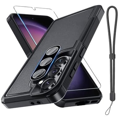 RMOCR Case for Samsung Galaxy A37 5G Phone Cover with Screen Protector+Camera Lens Cover,Military Grade Heavy Duty Shockproof PhoneCase with Wrist Lanyard Strap for Sam A37,Black Matte