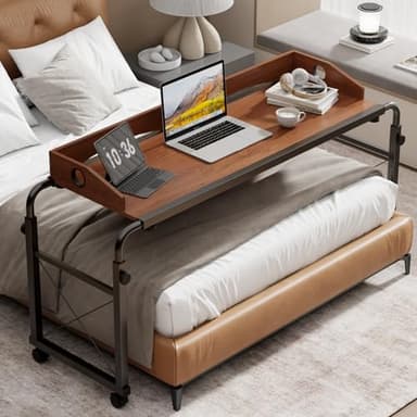 BYMECOST Laptop Desk for Bed, Adjustable Height & Length Laptop Bed Table,Overbed Table with Wheels for Queen Size Beds,Rolling Standing Desk,Over Bed Table for Working Reading Eating