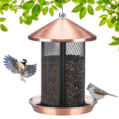 Veehoo Metal Bird Feeder for Outdoors-Dual Seed Chambers & Wild Bird Feeder Hanging Bird Feeder for Outside, Mesh Tube Feeder with Weatherproof Roof for Cardinal Bluebird Finch, Antique Copper