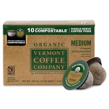 Vermont Coffee Company, Organic Medium Roast, Single-Serve Organic Compostable Coffee Pods, 10CT, Compatible with Most Kcups Brewing Systems, Made in the USA