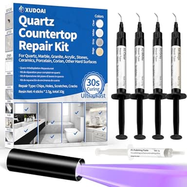 Quartz Countertop Repair Kit (Clear, White, Gray, Beige) 30s Fast Curing DIY Fix Luxury Stone, Granite Marble Acrylic Porcelain Fiberglass Quartz Countertop Chip Repair Kit for Cracks Holes Scratches
