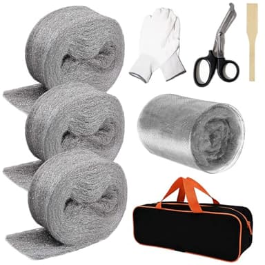 Apexzx 7pcs Steel Wool Mouse Hole Filler, 3" x12 Ft Steel Wool Mice Control - DIY Kit with Gloves & Scissors for Mice Control at Pipe Openings