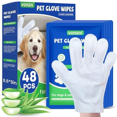VOISEN 48 Pcs Pet Glove Wipes for Dogs and Cats, Cleaning & Deodorizing Bathing Grooming Wipes,Unscented Thick Nourish Fur Glove Wipes for Pet Dry Cleaning,Daily Care and Travel