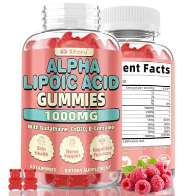 Alpha Lipoic Acid Gummies 1000 MG, High Potency Chewable ALA Supplement with Glutathione, CoQ10, Vitamin B Complex for Antioxidant, Cognitive, Nerve* Support, Sugar-Free, Raspberry Flavor, 60 Counts