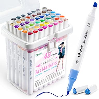 Ohuhu Markers, 48-color Double Tipped Alcohol Markers, Chisel & Fine Alcohol-based Art Marker Set for Adults Coloring Illustration, Great Value Pack for Students' Art Class, Better Designed Grip